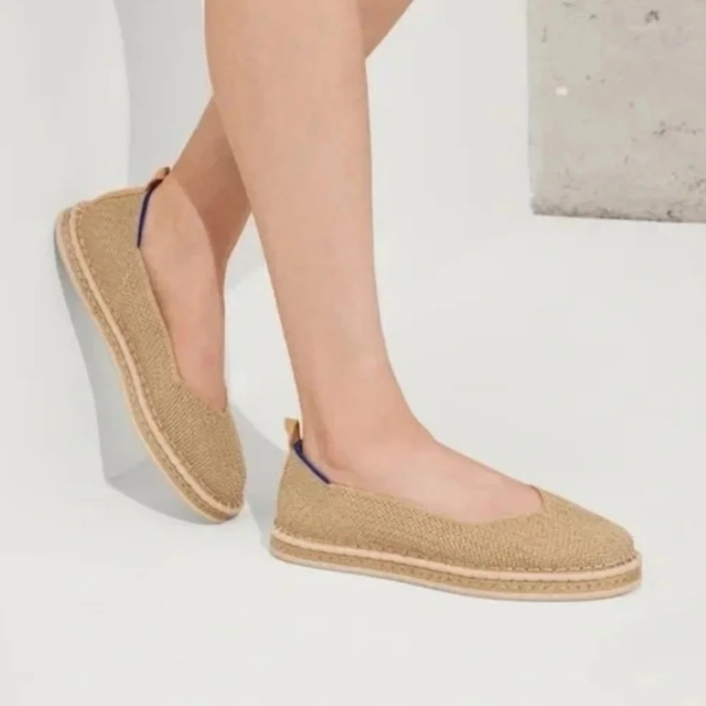 Rothy's Beige Espadrille Gold Thread Soft Breezy Beachy Vacation Flats Sz W6